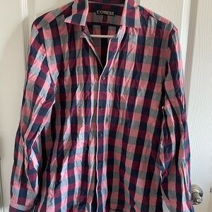 Express Men's Pink and Blue Checkered Shirt - modern fit- medium
